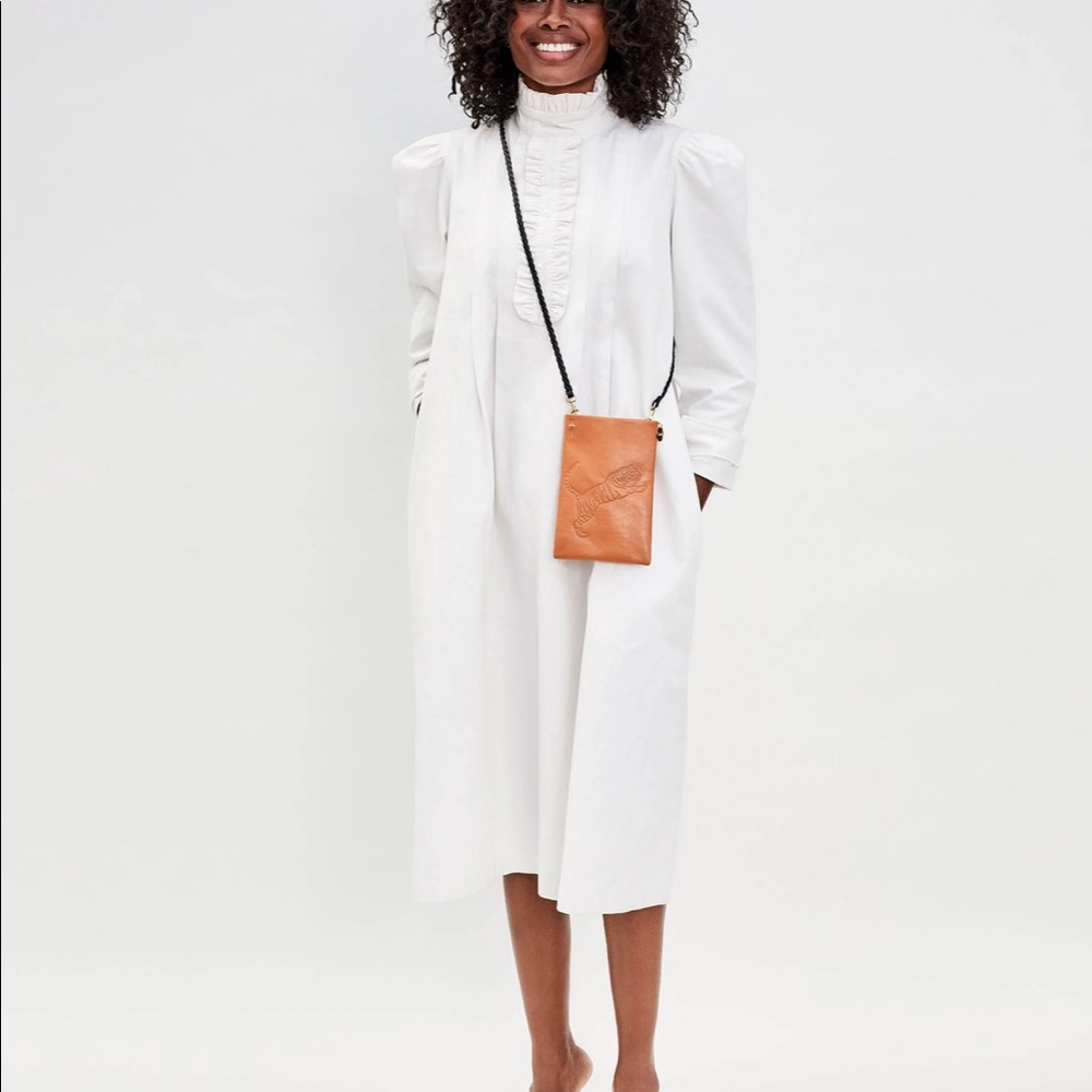 Clare V Esme Ruffle Puff Sleeve Dress White Denim